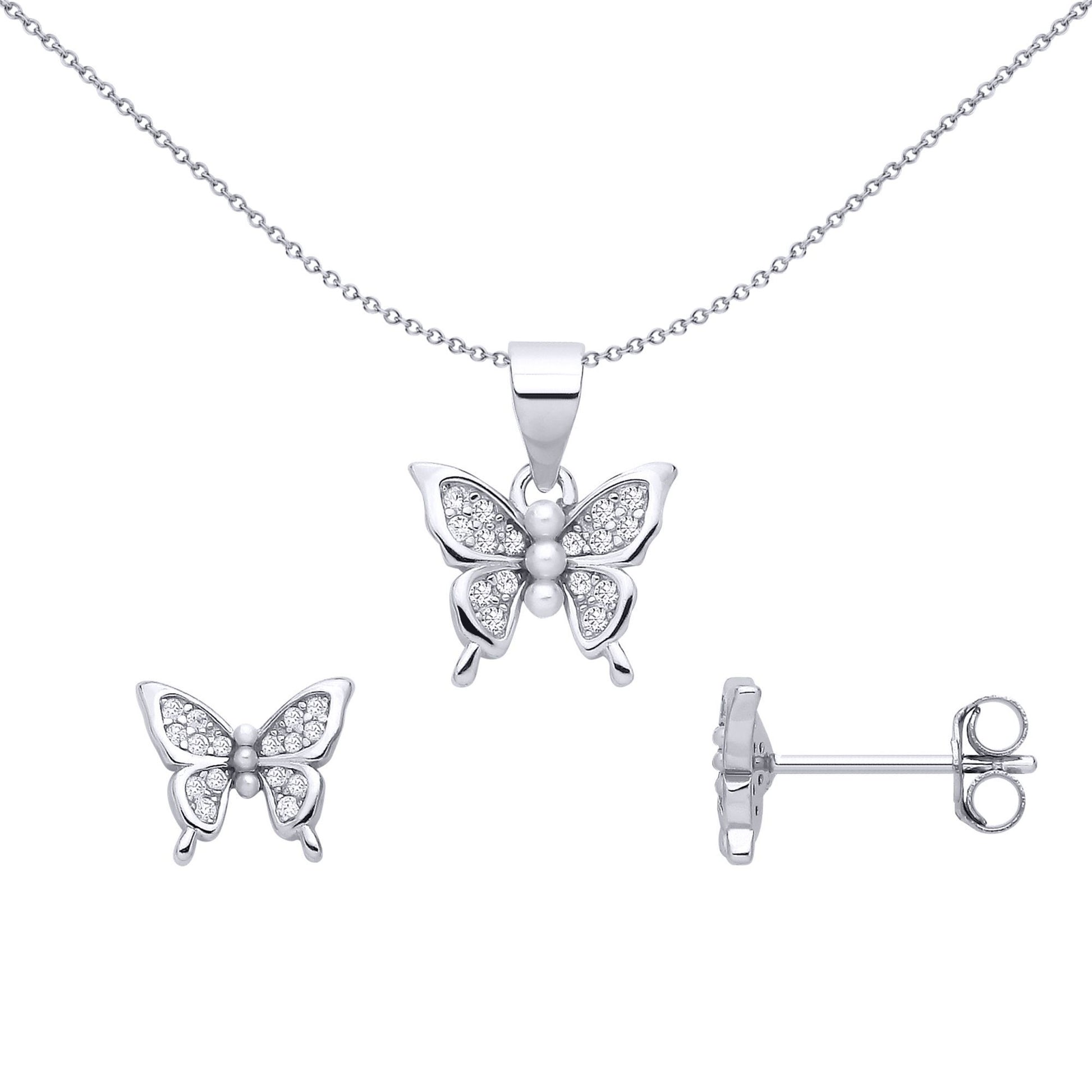 Silver  Pearl & CZ Shimmering Butterfly Earrings & Pendant Set - GSET682