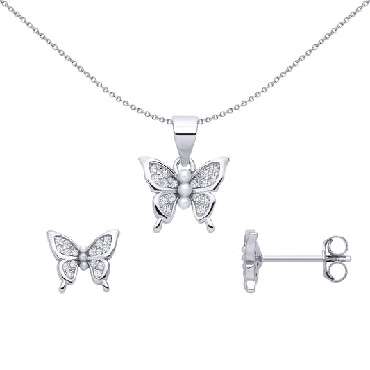 Silver  Pearl & CZ Shimmering Butterfly Earrings & Pendant Set - GSET682