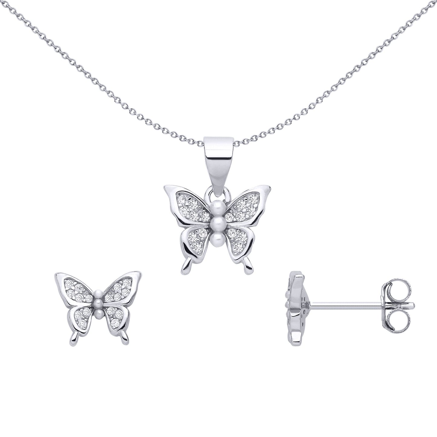 Sterling Silver CZ Butterfly Stud Earring & Pendant Set - GSET682