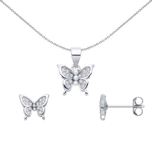 Sterling Silver CZ Butterfly Stud Earring & Pendant Set - GSET682