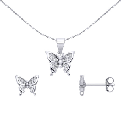 Sterling Silver CZ Butterfly Stud Earring & Pendant Set - GSET682