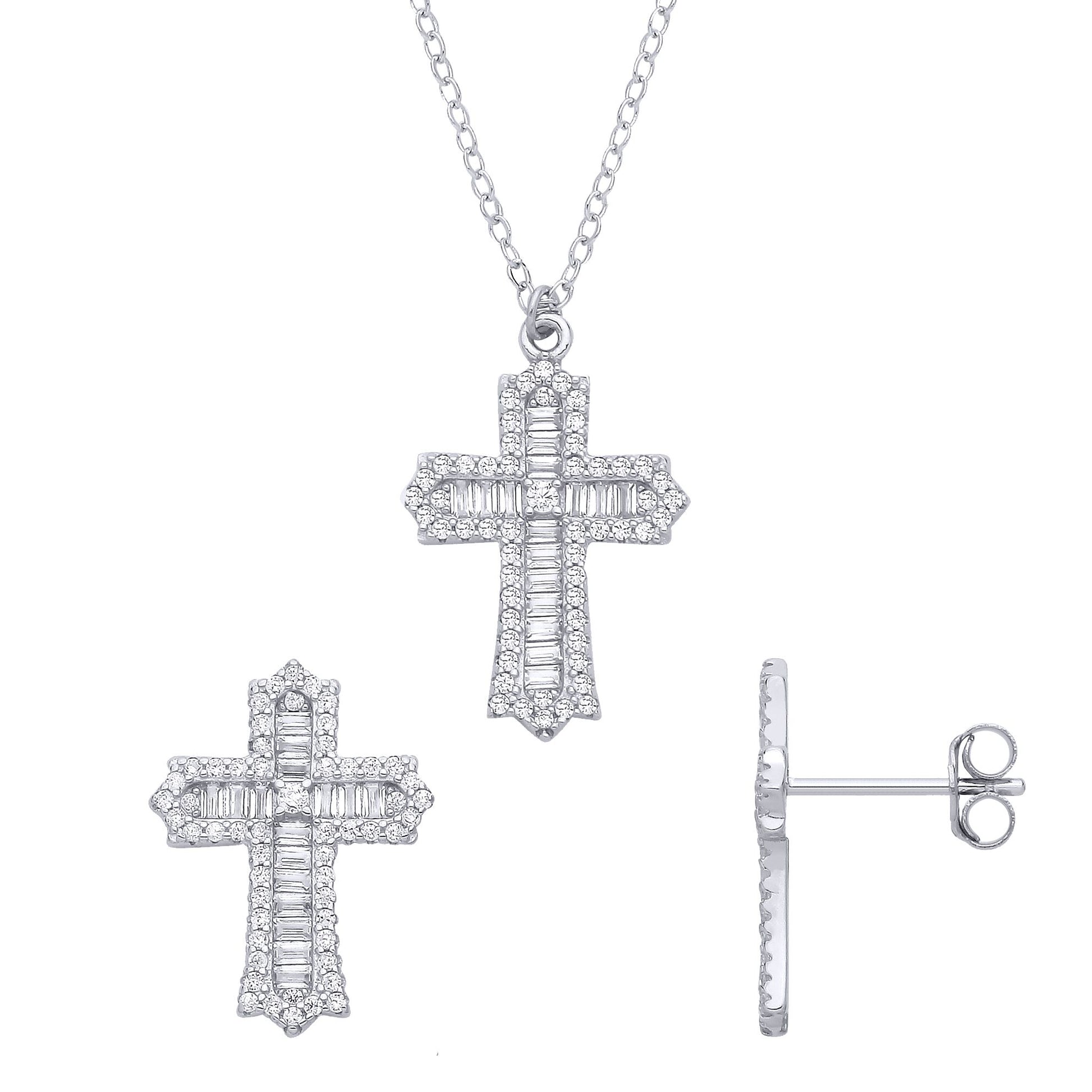 Sterling Silver CZ Baguette & Round Cross Earring & Pendant Set - GSET683