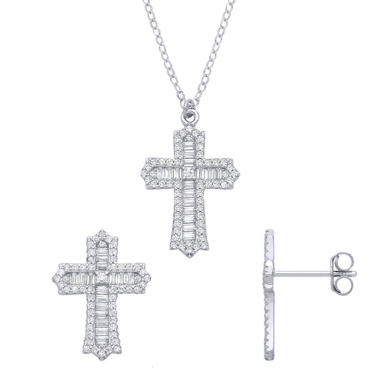 Sterling Silver CZ Baguette & Round Cross Earring & Pendant Set - GSET683