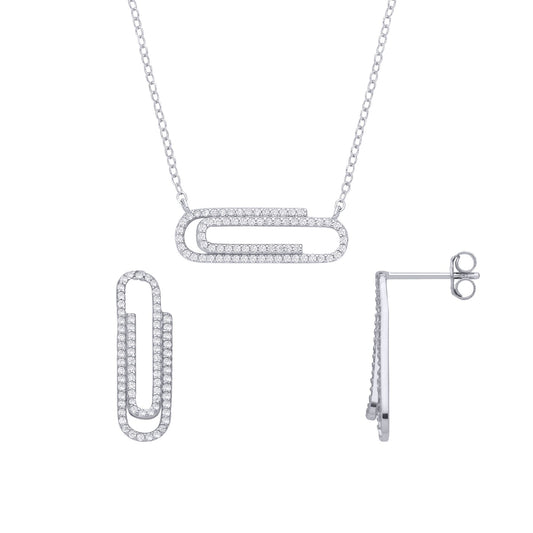Silver  CZ Pave Trombone Paperclip Drop Earrings & Pendant Set - GSET684