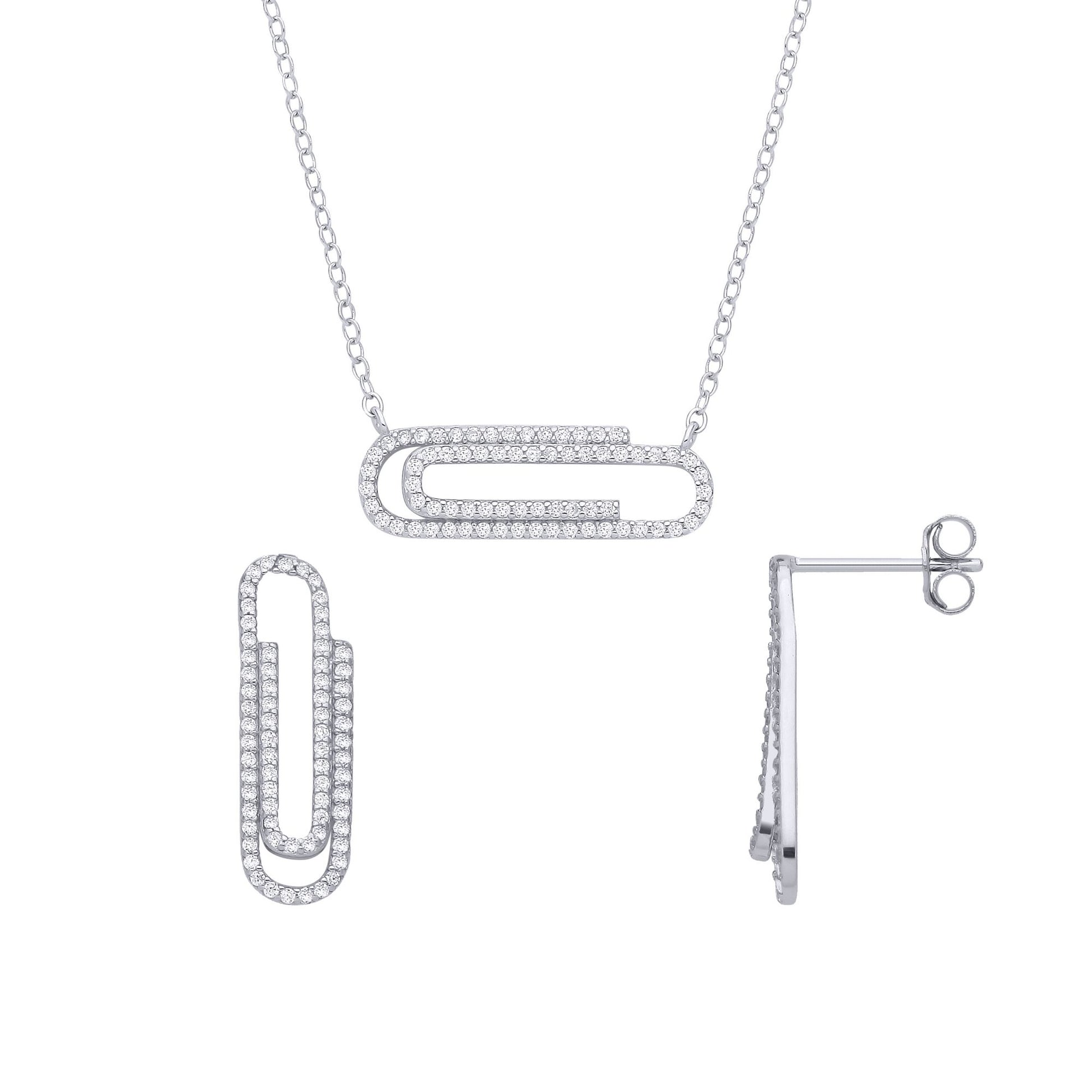 Sterling Silver CZ Paperclip Earring & Pendant Set - GSET684