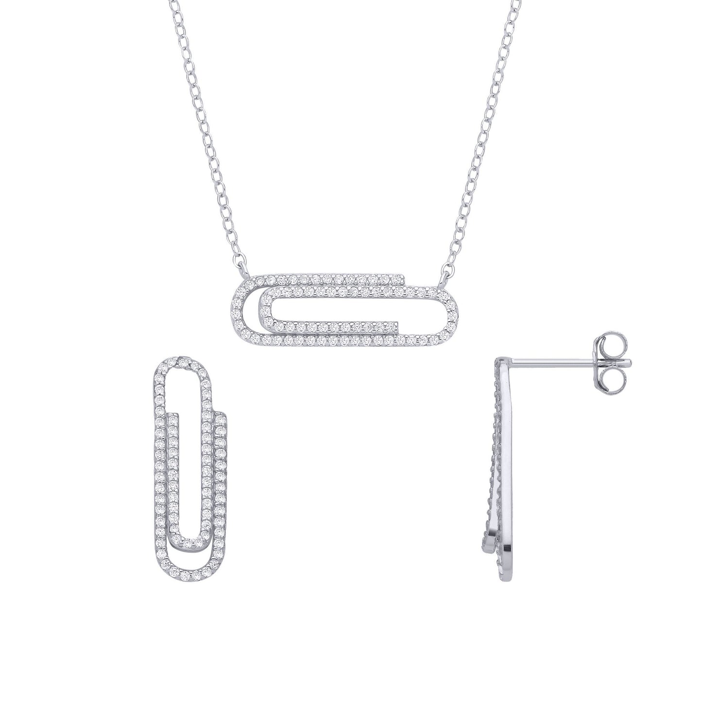 Silver  CZ Pave Trombone Paperclip Drop Earrings & Pendant Set - GSET684