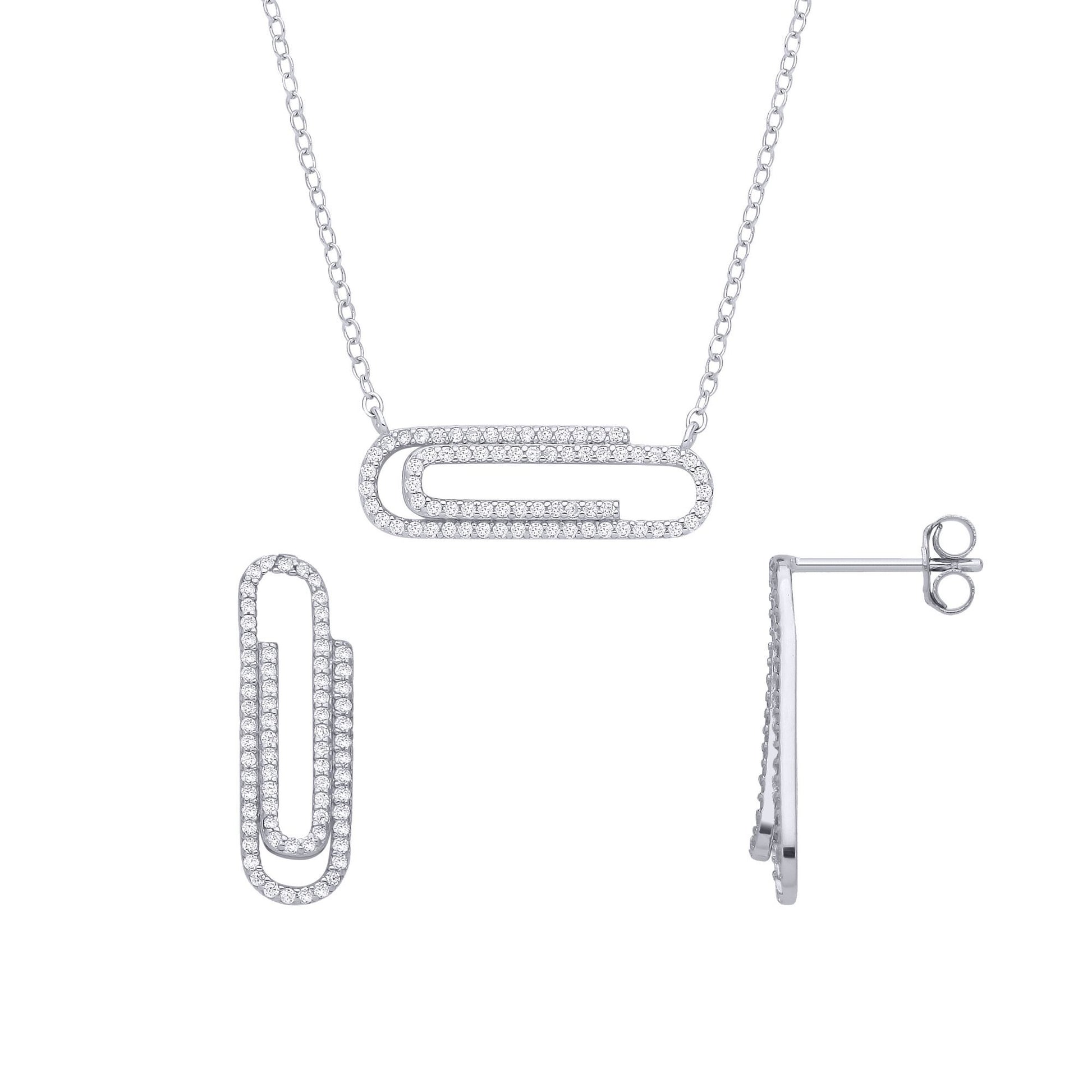Silver  CZ Pave Trombone Paperclip Drop Earrings & Pendant Set - GSET684