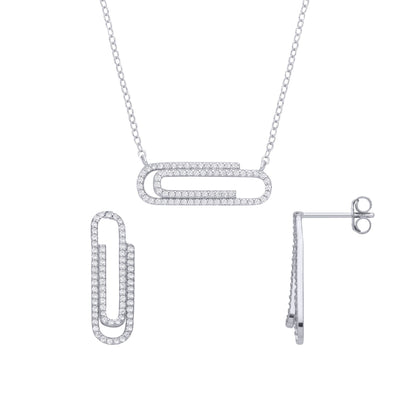 Silver  CZ Pave Trombone Paperclip Drop Earrings & Pendant Set - GSET684