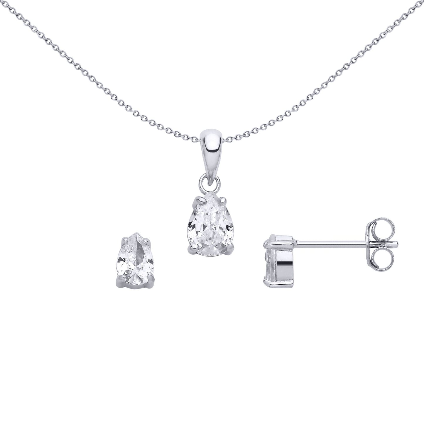 Sterling Silver CZ Pear Drop Stud Earring & Pendant Set - GSET685