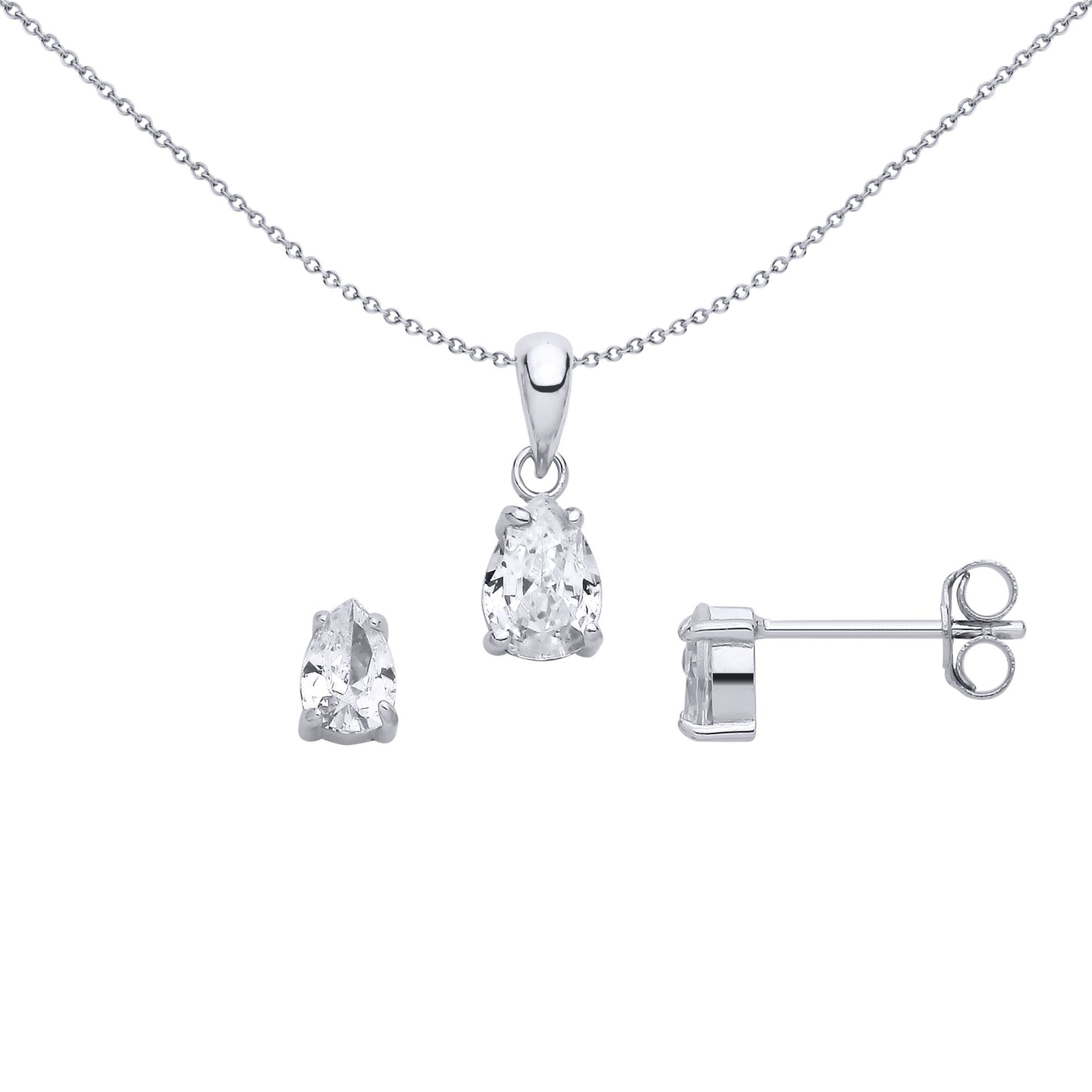 Sterling Silver CZ Pear Drop Stud Earring & Pendant Set - GSET685