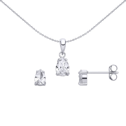 Sterling Silver CZ Pear Drop Stud Earring & Pendant Set - GSET685