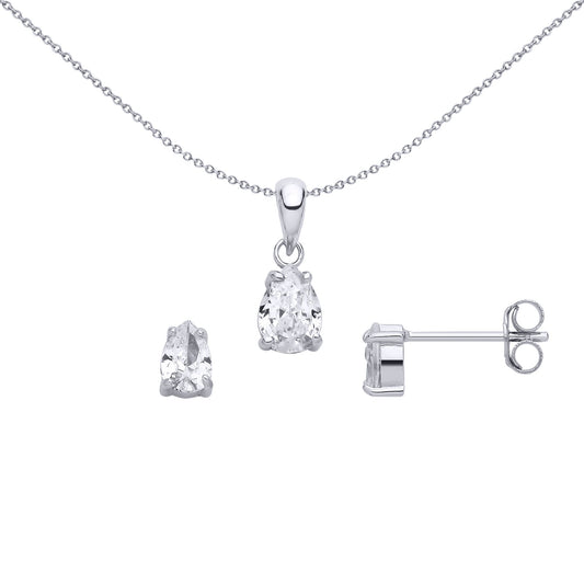 Sterling Silver CZ Pear Drop Stud Earring & Pendant Set - GSET685