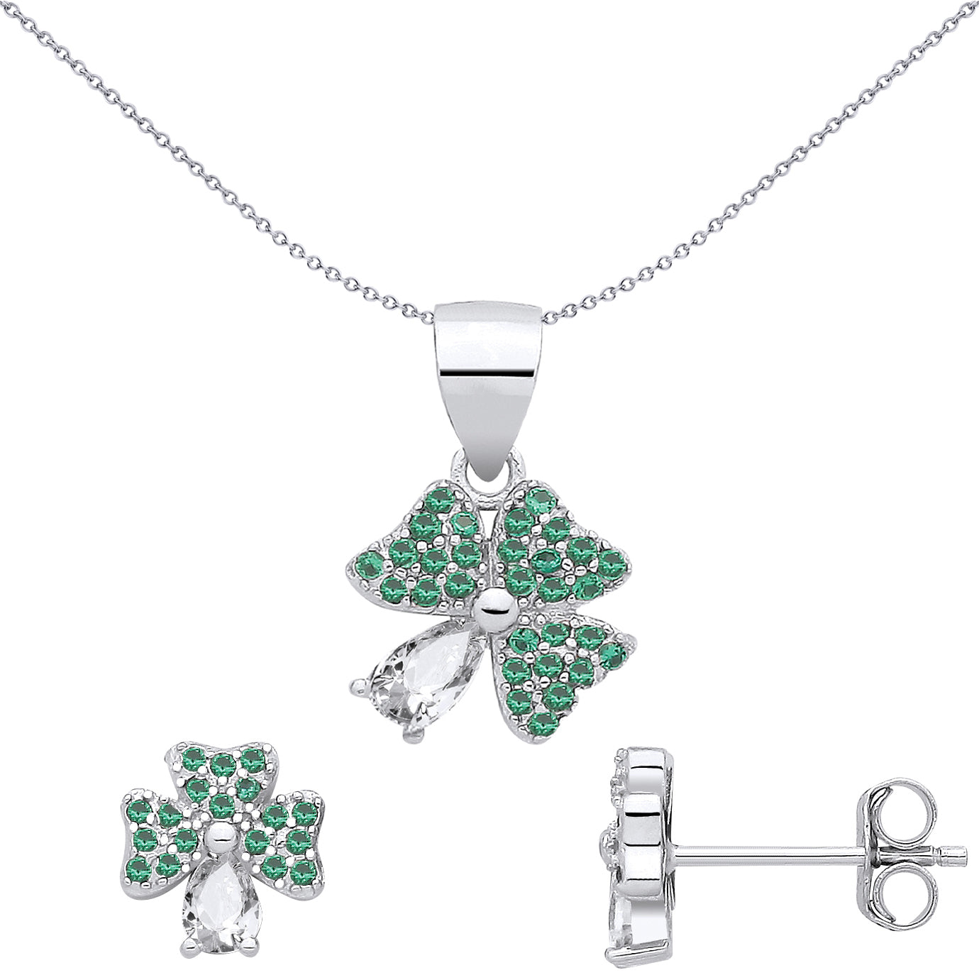 Sterling Silver CZ & Emerald 4 Leaf Clover Earrings & Pendant Set - GSET686