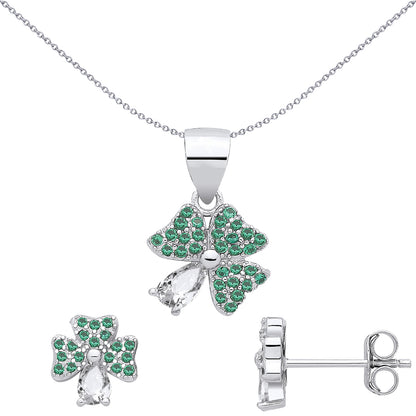 Silver  Green Pear CZ Lucky Clover Shamrock Earrings & Pendant Set - GSET686