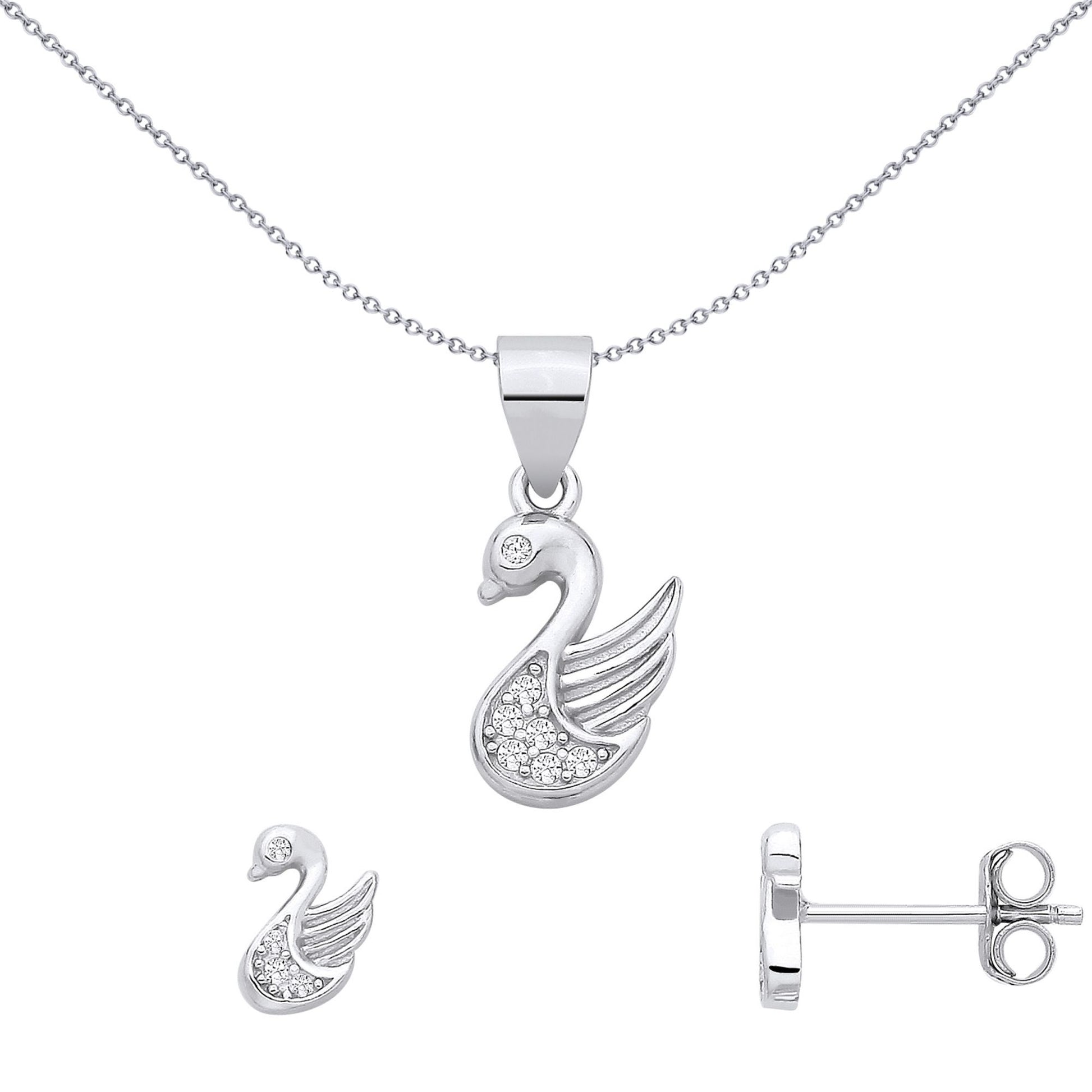 Silver  CZ Elegant Cartoon Swan Earrings & Pendant Set - GSET687