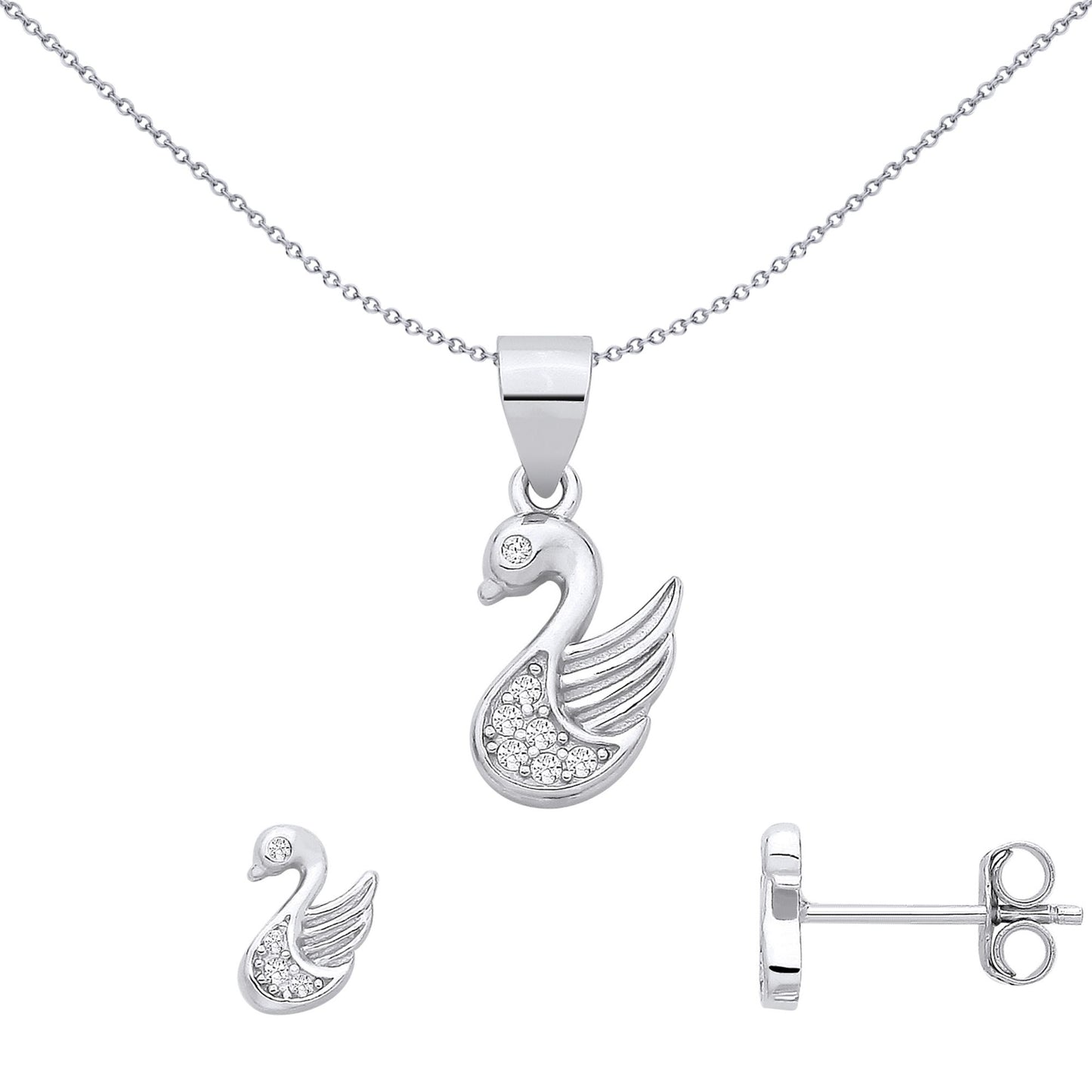 Sterling Silver CZ Swan Earrings & Pendant Set - GSET687