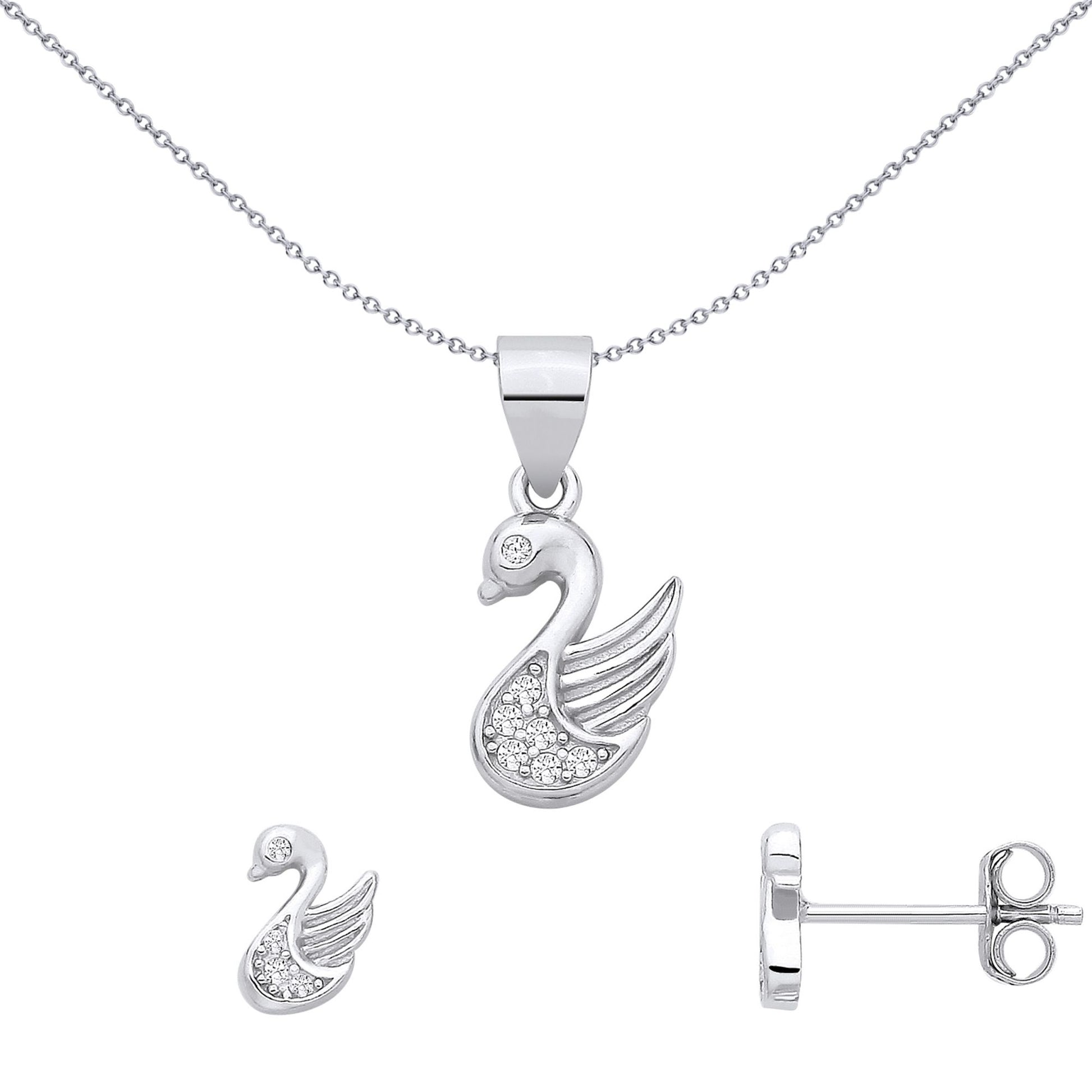 Sterling Silver CZ Swan Earrings & Pendant Set - GSET687