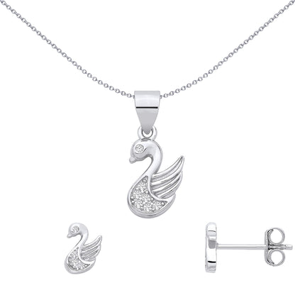 Sterling Silver CZ Swan Earrings & Pendant Set - GSET687