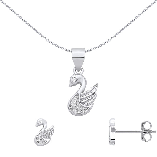 Sterling Silver CZ Swan Earrings & Pendant Set - GSET687