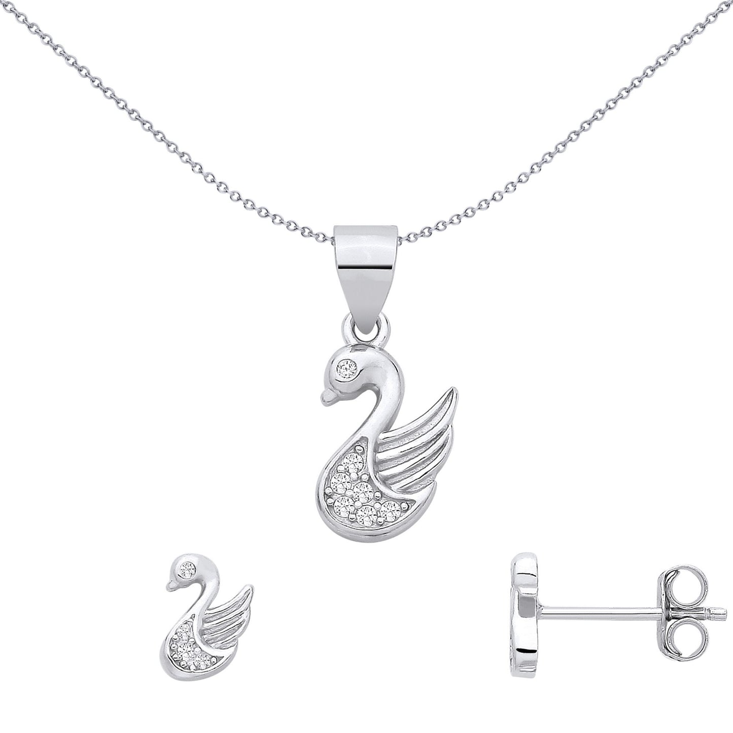 Silver  CZ Elegant Cartoon Swan Earrings & Pendant Set - GSET687