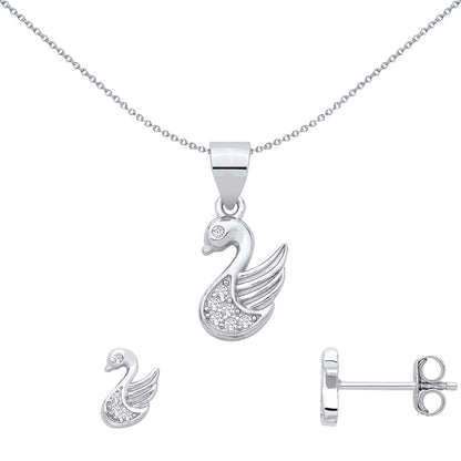 Silver  CZ Elegant Cartoon Swan Earrings & Pendant Set - GSET687