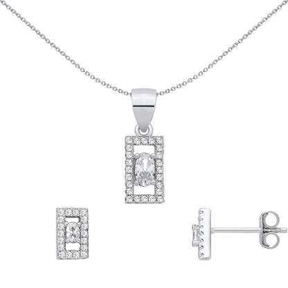 Silver  Oval CZ Rectangle Window Halo Frame Earrings & Pendant Set - GSET688