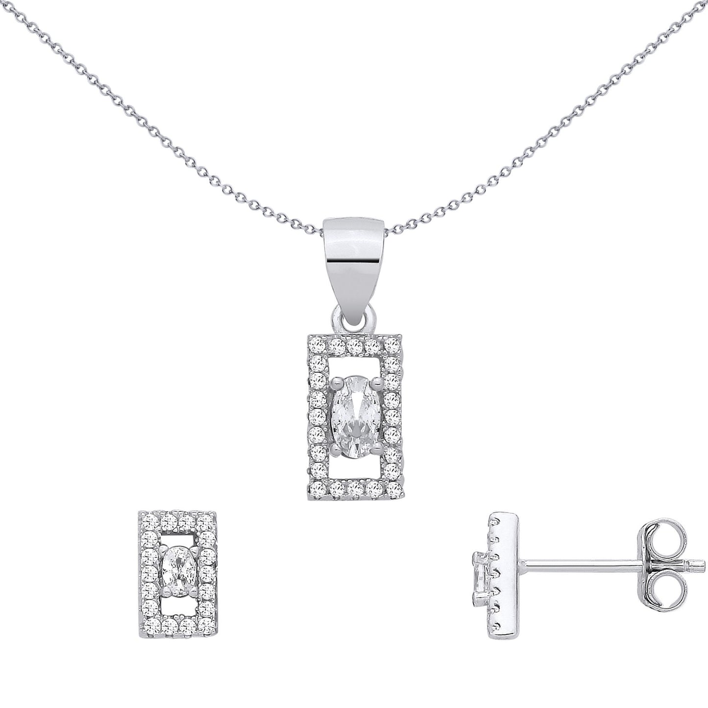 Silver  Oval CZ Rectangle Window Halo Frame Earrings & Pendant Set - GSET688