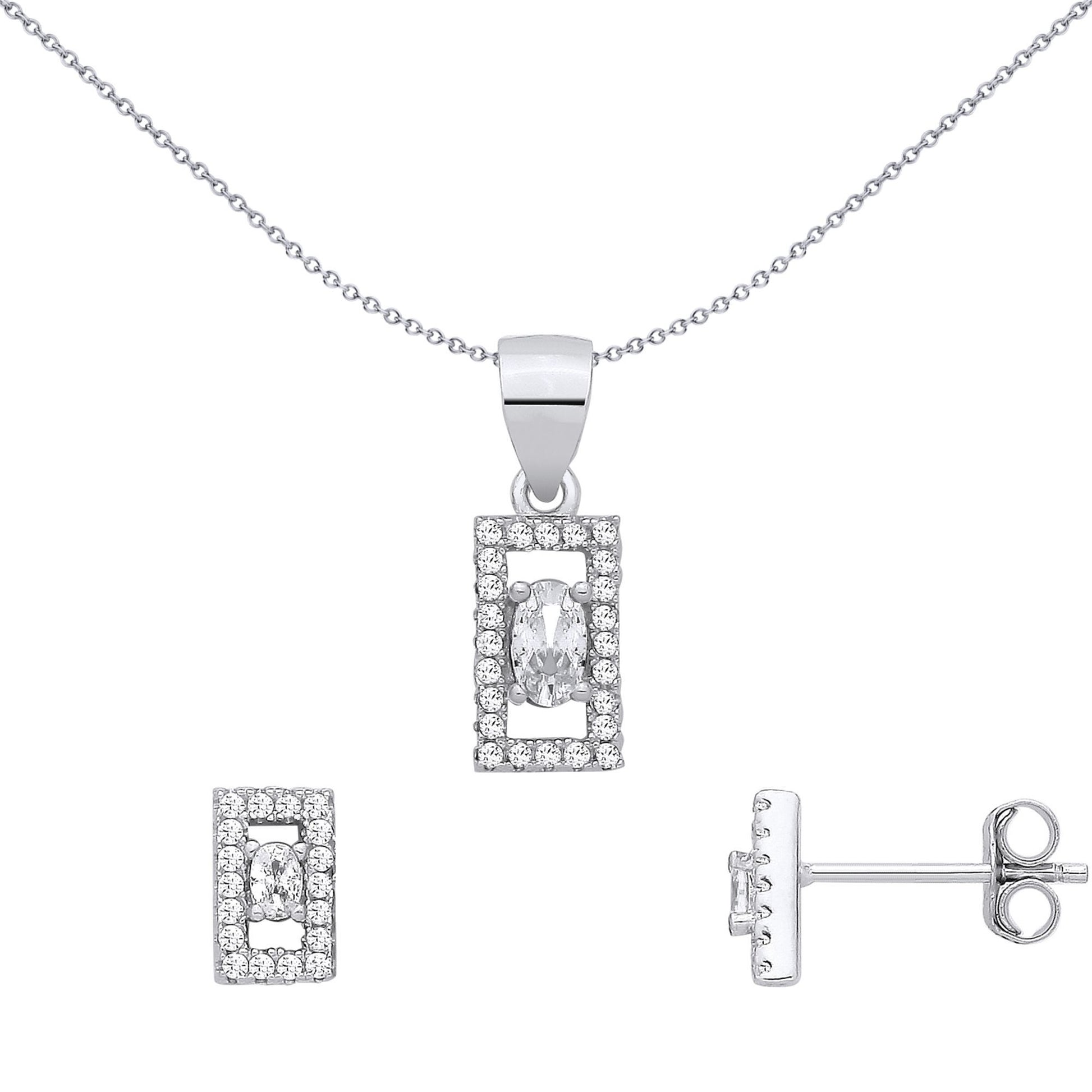 Silver  Oval CZ Rectangle Window Halo Frame Earrings & Pendant Set - GSET688