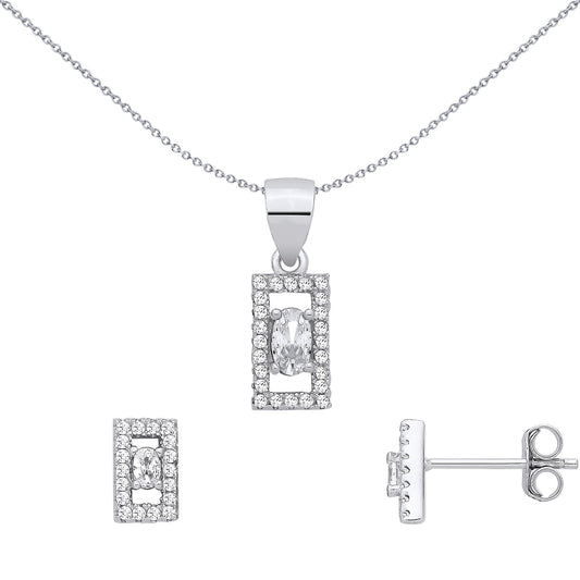 Silver  Oval CZ Rectangle Window Halo Frame Earrings & Pendant Set - GSET688