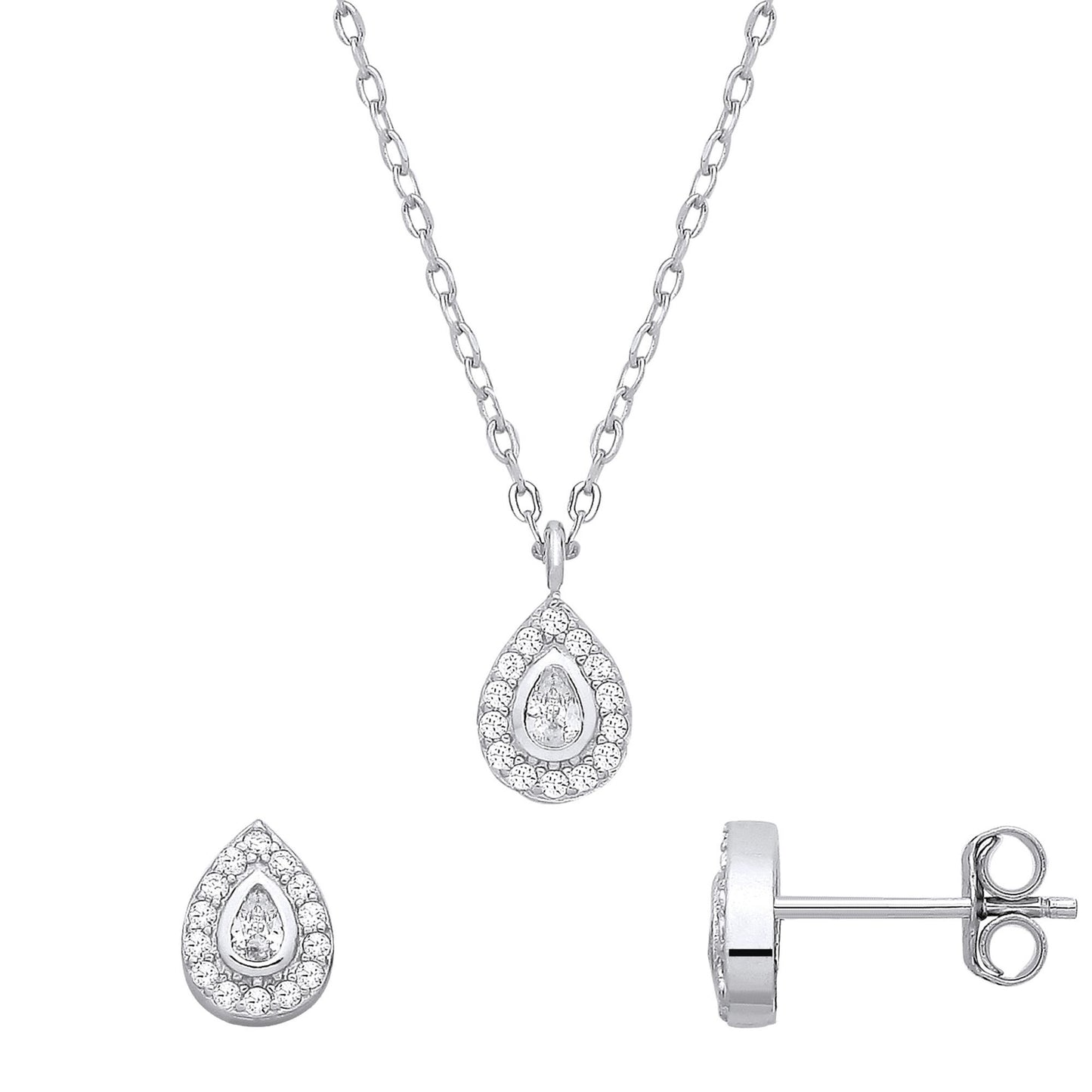 Silver  Pear CZ Tears of Joy Halo Bezel Earrings & Pendant Set - GSET689