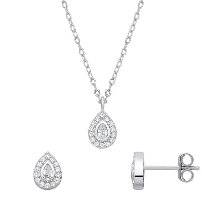 Silver  Pear CZ Tears of Joy Halo Bezel Earrings & Pendant Set - GSET689