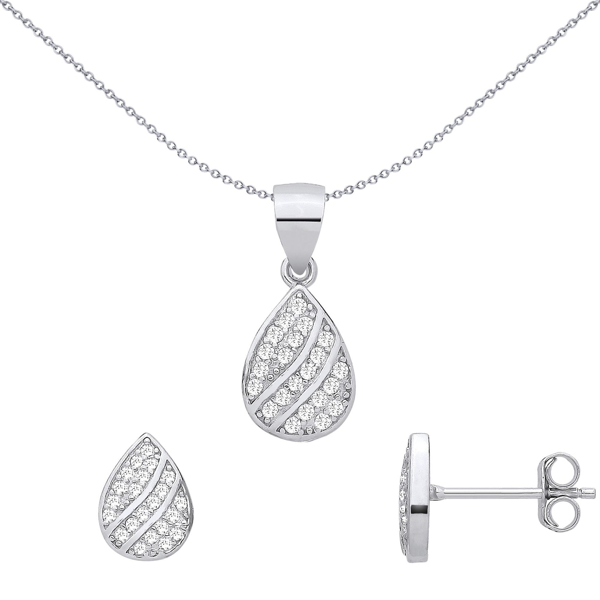 Silver  CZ Pear Teardrop Wavy Stripe Earrings & Pendant Set - GSET690