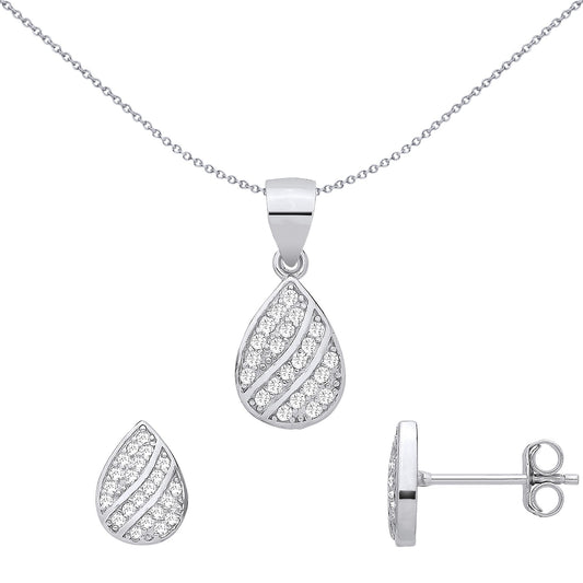 Sterling Silver CZ Tear Drop Earrings & Pendant Set - GSET690