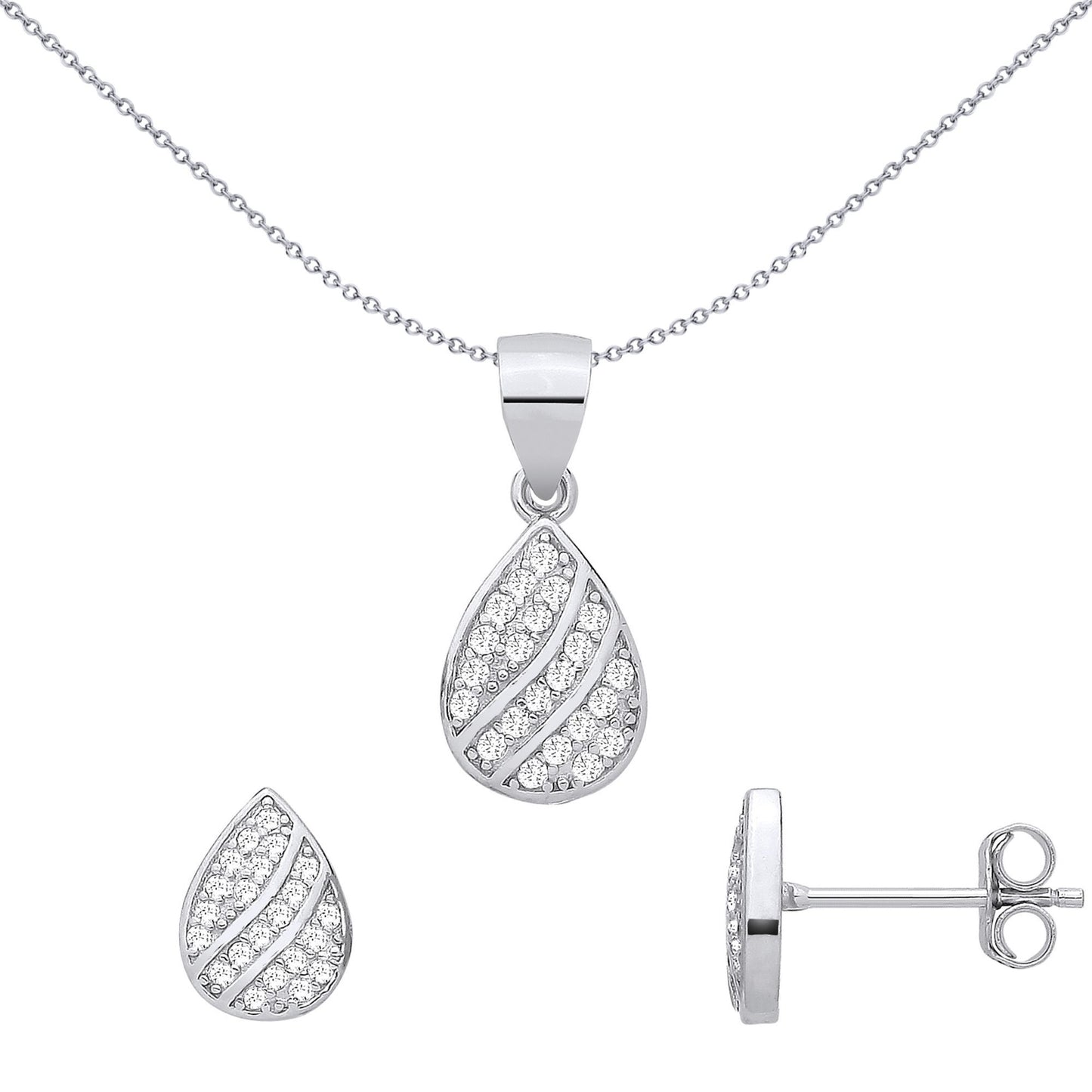 Silver  CZ Pear Teardrop Wavy Stripe Earrings & Pendant Set - GSET690