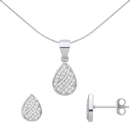 Silver  CZ Pear Teardrop Wavy Stripe Earrings & Pendant Set - GSET690