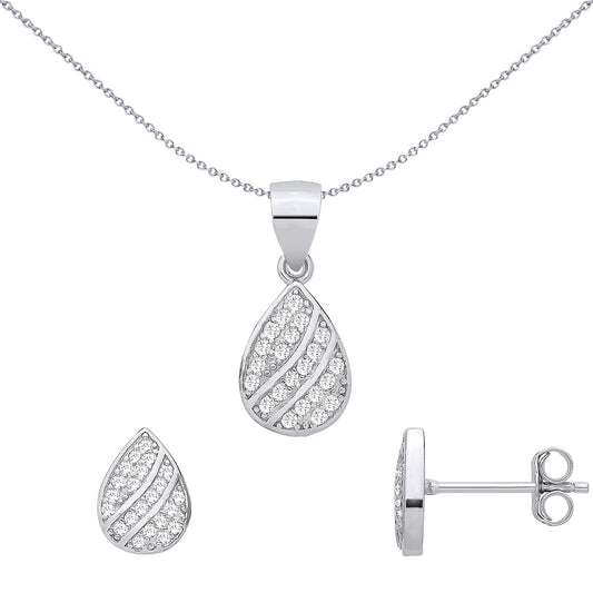 Silver  CZ Pear Teardrop Wavy Stripe Earrings & Pendant Set - GSET690