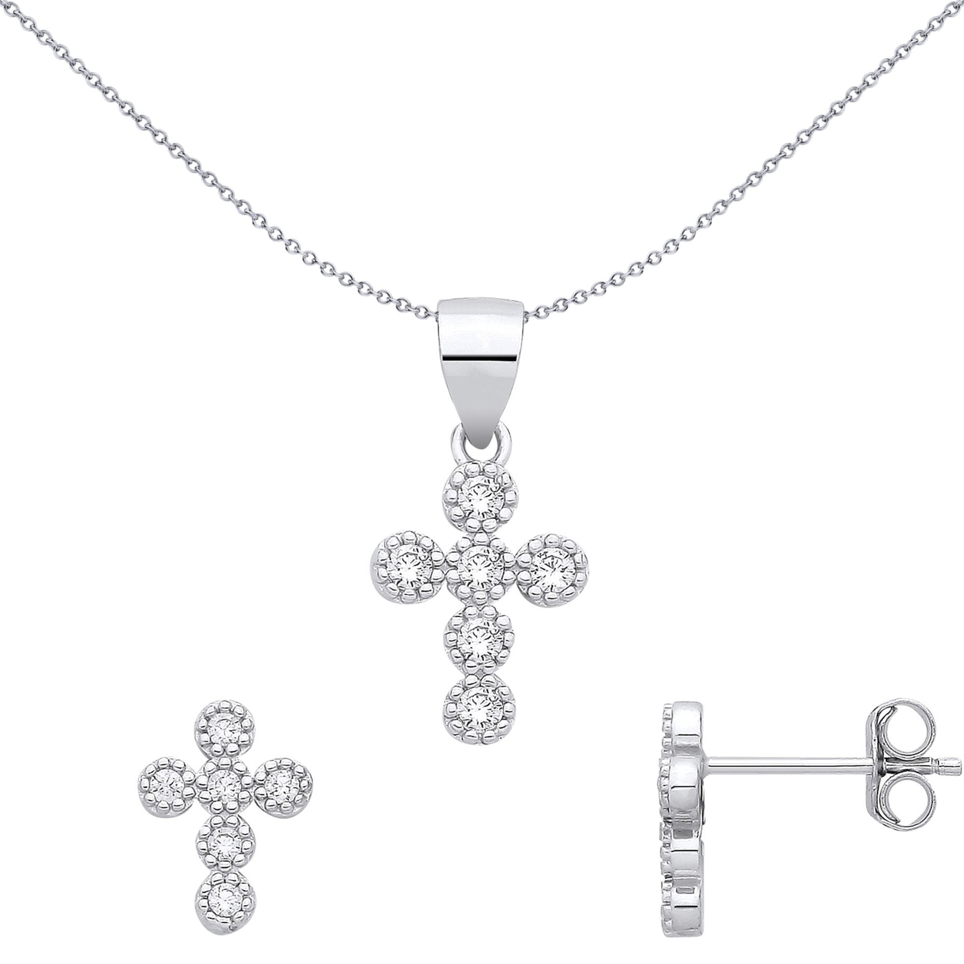 Sterling Silver CZ Cross Earrings & Pendant Set - GSET691