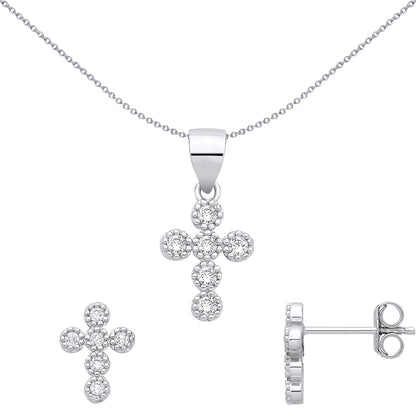 Sterling Silver CZ Cross Earrings & Pendant Set - GSET691