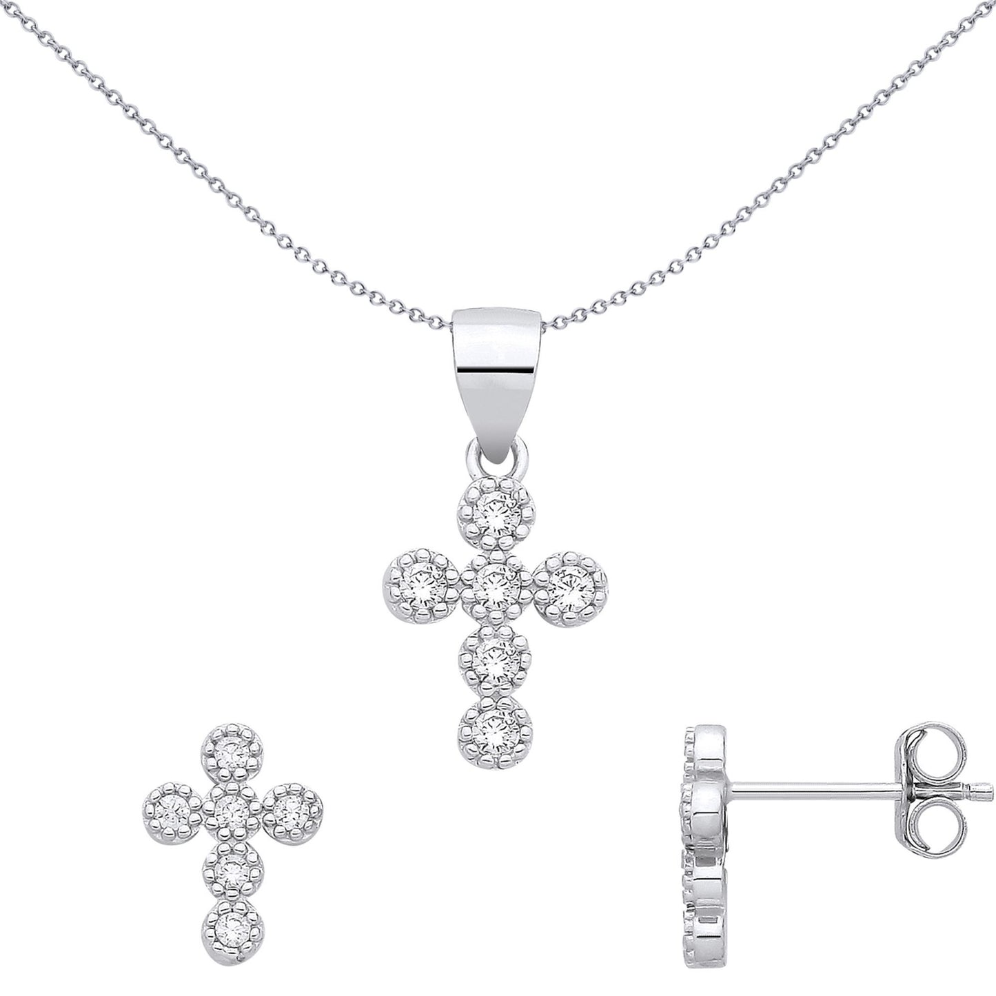Silver  CZ Bead Halo Bubble Cluster Cross Earrings & Pendant Set - GSET691