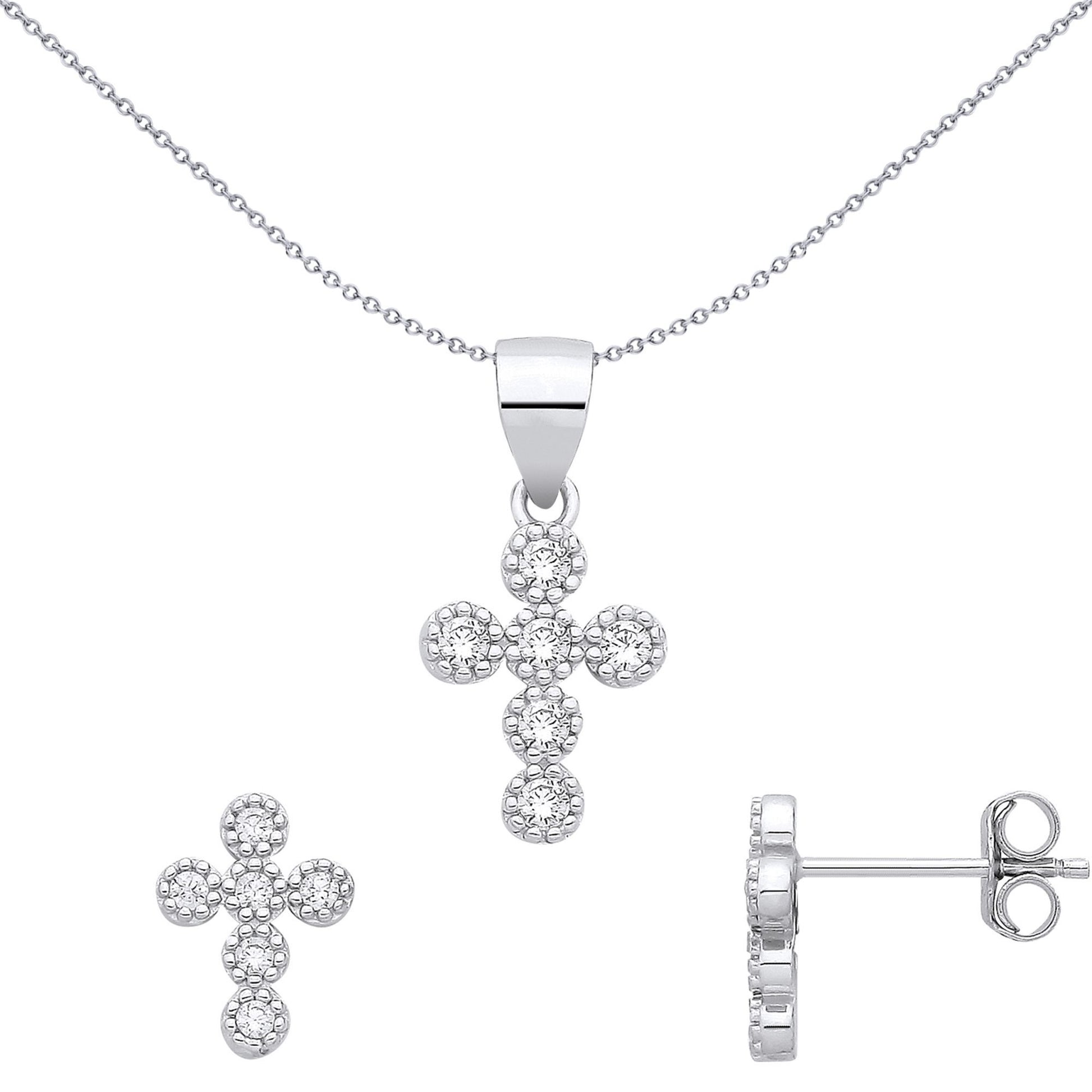 Silver  CZ Bead Halo Bubble Cluster Cross Earrings & Pendant Set - GSET691