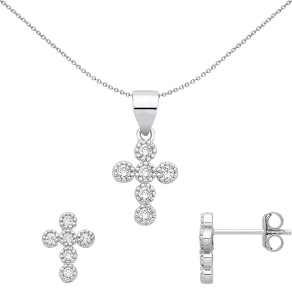 Silver  CZ Bead Halo Bubble Cluster Cross Earrings & Pendant Set - GSET691