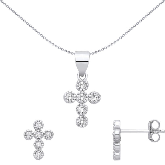Silver  CZ Bead Halo Bubble Cluster Cross Earrings & Pendant Set - GSET691
