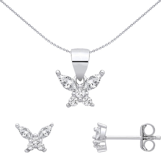 Silver  Marquise CZ Abstract Butterfly Earrings & Pendant Set - GSET692