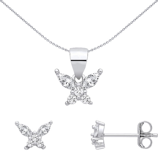 Sterling Silver CZ Butterfly Earrings & Pendant Set - GSET692