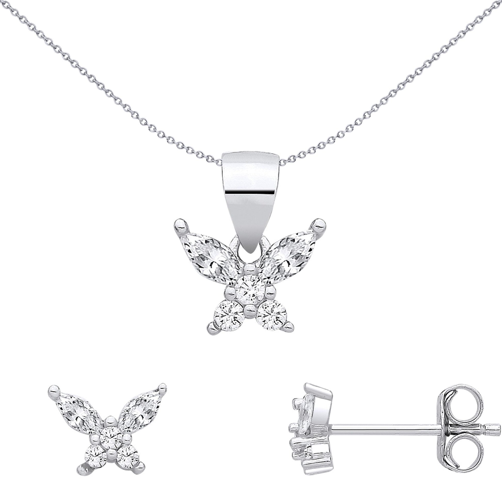 Sterling Silver CZ Butterfly Earrings & Pendant Set - GSET692