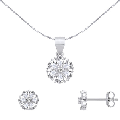 Silver  Pear CZ Radiant Sunburst Daisy Earrings & Pendant Set - GSET693