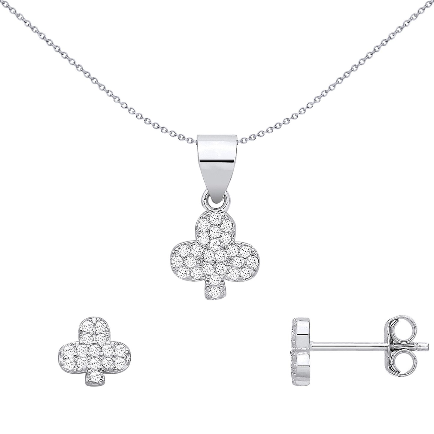 Silver  CZ Pave Shamrock Lucky Clover Clubs Earrings & Pendant Set - GSET694