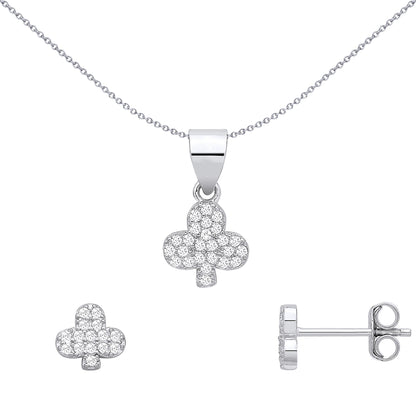 Silver  CZ Pave Shamrock Lucky Clover Clubs Earrings & Pendant Set - GSET694