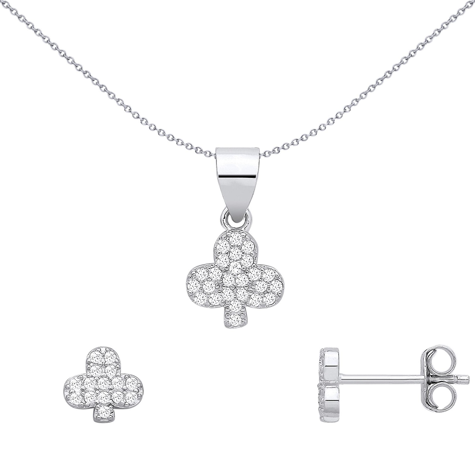 Silver  CZ Pave Shamrock Lucky Clover Clubs Earrings & Pendant Set - GSET694