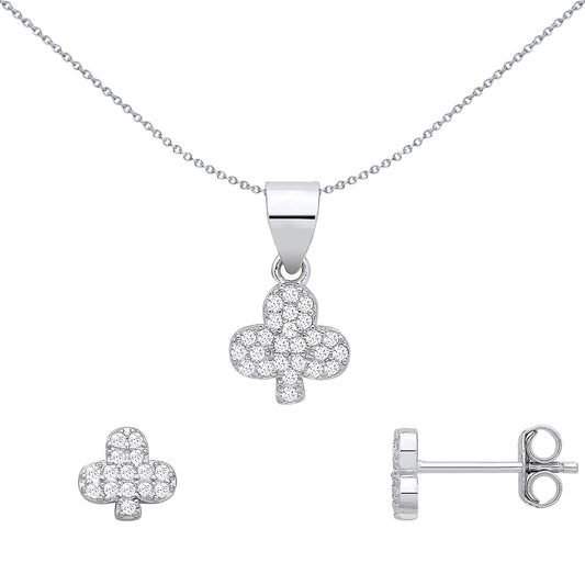 Silver  CZ Pave Shamrock Lucky Clover Clubs Earrings & Pendant Set - GSET694